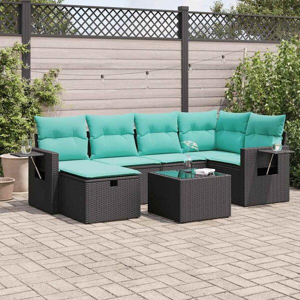 7 részes fekete polyrattan kerti ülőgarnitúra párnával