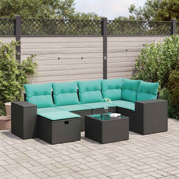 7 részes fekete polyrattan kerti ülőgarnitúra párnával