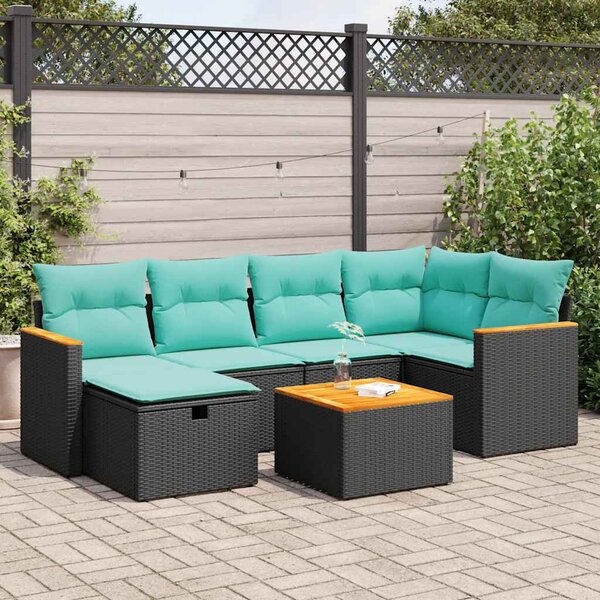 7 részes fekete polyrattan kerti ülőgarnitúra párnával