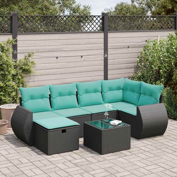 7 részes fekete polyrattan kerti ülőgarnitúra párnával