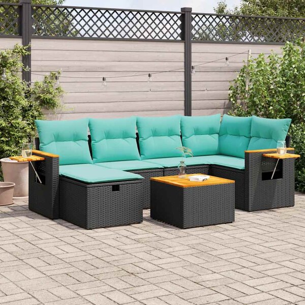 7 részes fekete polyrattan kerti ülőgarnitúra párnával