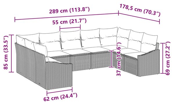 VidaXL Kanapé Szett párnával 9 pcs Fekete polirattan