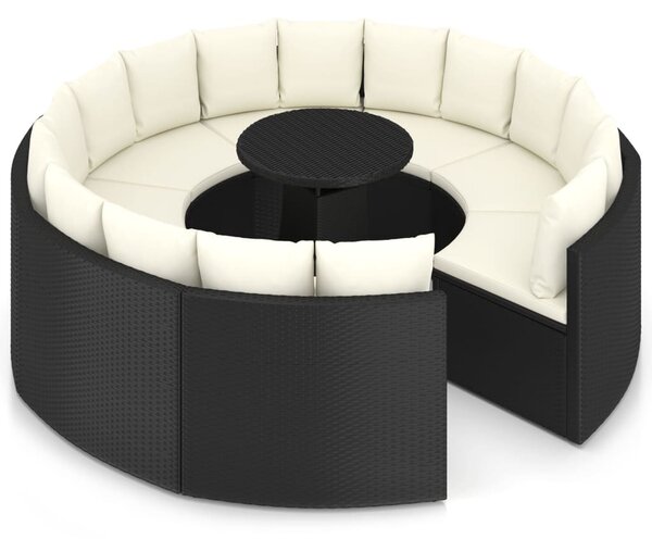 9 részes fekete polyrattan kerti kanapészett párnákkal