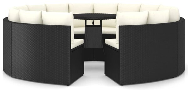 9 részes fekete polyrattan kerti kanapészett párnákkal