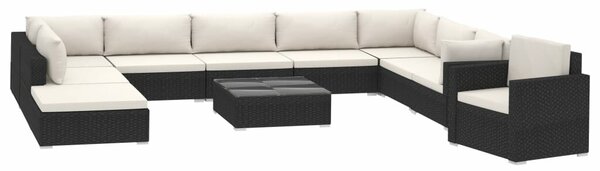 VidaXL 11 részes fekete polyrattan kerti bútorszett párnákkal