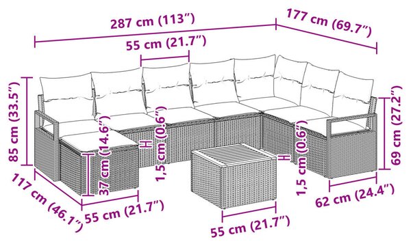 9 darabos Kertibútor Szett Párnákkal Bézs Poli Rattan Akácia