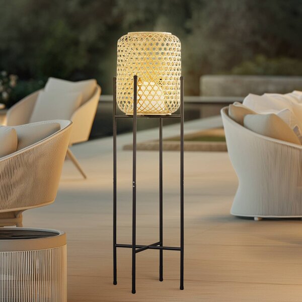 Lucande LED-es újratölthető állólámpa Adebi, fekete, bambusz, Ø32.5cm, dimmelhető, Fekete, Alumínium, Vidéki otthon / Rusztikus