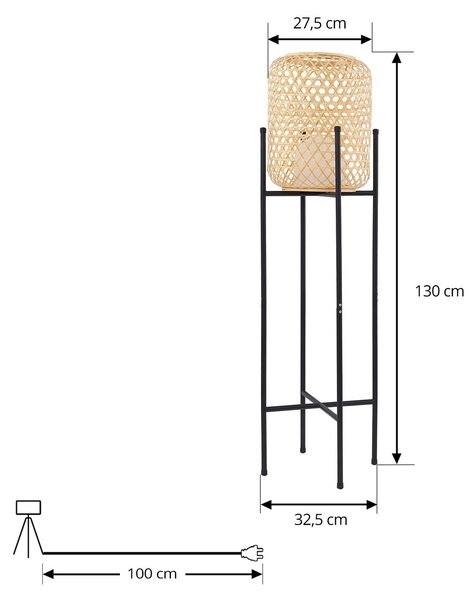 Lucande LED-es újratölthető állólámpa Adebi, fekete, bambusz, Ø32.5cm, dimmelhető, Fekete, Alumínium, Vidéki otthon / Rusztikus