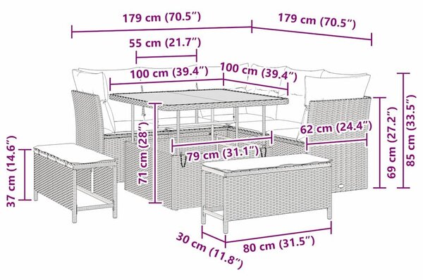 VidaXL Kerti Kanapé Szett 8 pcs Szürke polirattan