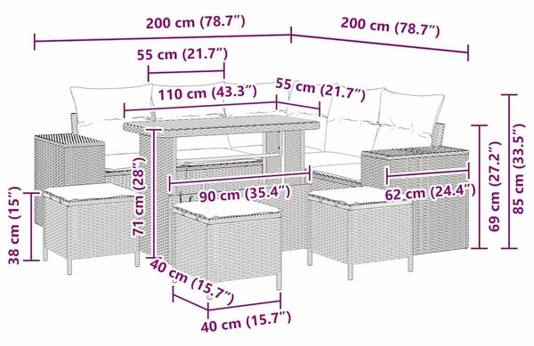 VidaXL Kerti Kanapé Szett 9 db Bézs polirattan