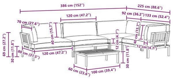 VidaXL Kanapészett párnával, 5 db-os, antracit, tömör akácfa