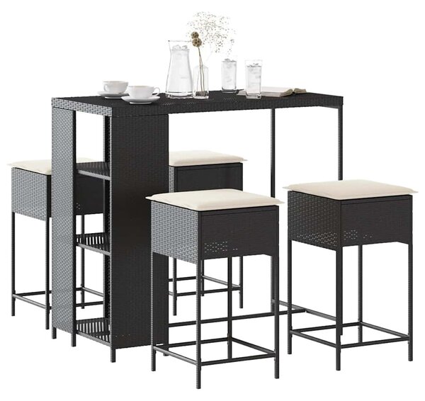 5 részes fekete polyrattan kerti bárszett párnával