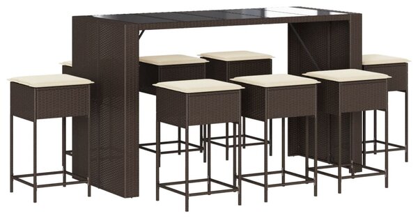 9 részes barna polyrattan kerti bárszett párnákkal