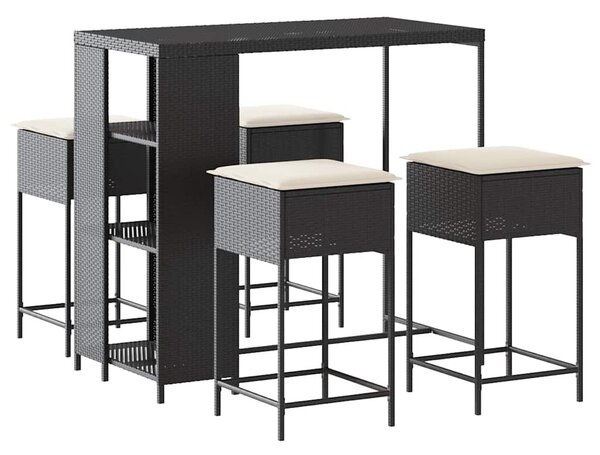 5 részes fekete polyrattan kerti bárszett párnával