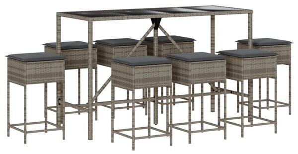9 részes szürke polyrattan kerti bárszett párnával