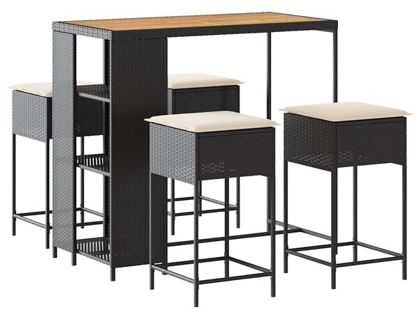 5 részes fekete polyrattan kerti bárszett párnával