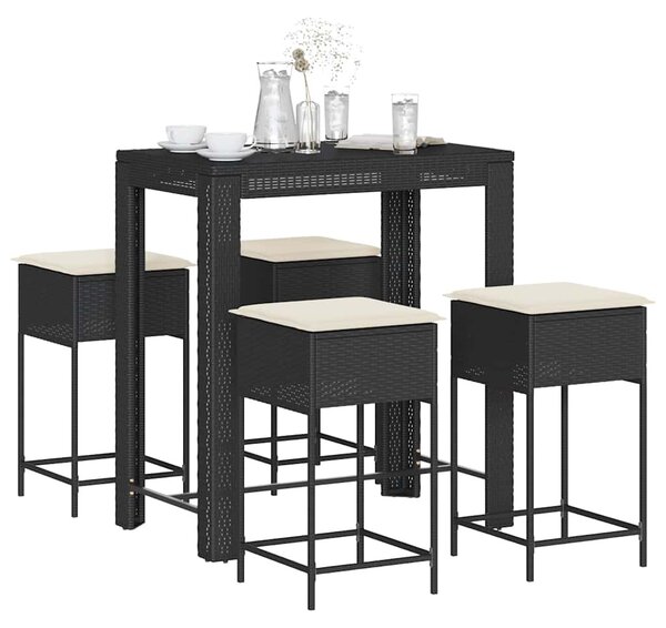 5 részes fekete polyrattan kerti bárszett párnával