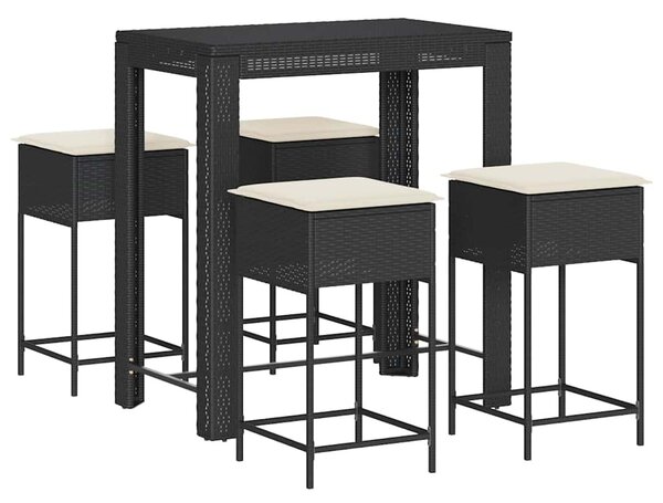 5 részes fekete polyrattan kerti bárszett párnával
