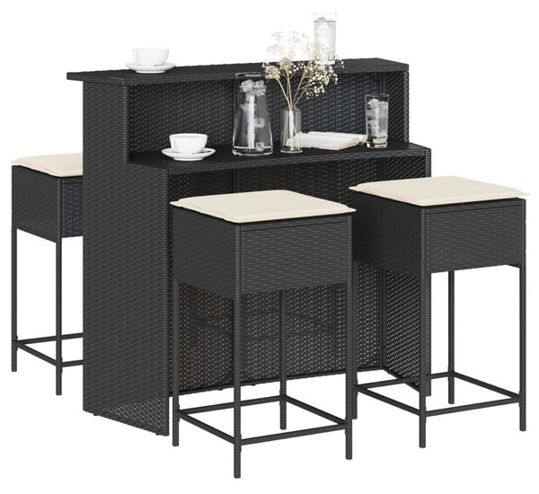 5 részes fekete polyrattan kerti bárszett párnával