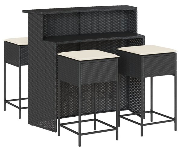 5 részes fekete polyrattan kerti bárszett párnával