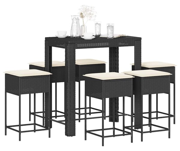 7 részes fekete polyrattan kerti bárszett párnákkal