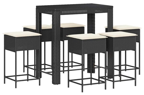 7 részes fekete polyrattan kerti bárszett párnákkal
