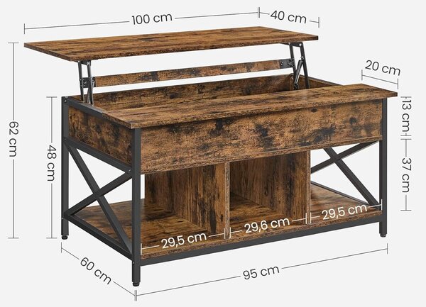 Régies barna, állítható magasságú kávézóasztal rejtett tárolóhellyel, 60x100x(48-62) cm méretben