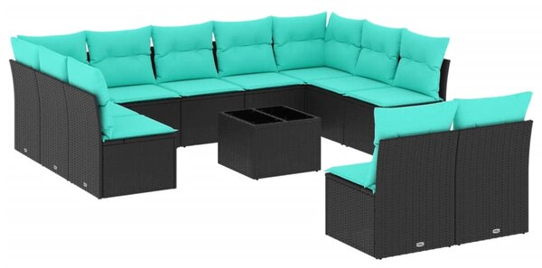 12 db fekete polyrattan kerti kanapégarnitúra párnákkal