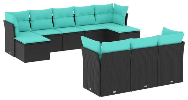 10 db fekete polyrattan kerti kanapégarnitúra párnákkal