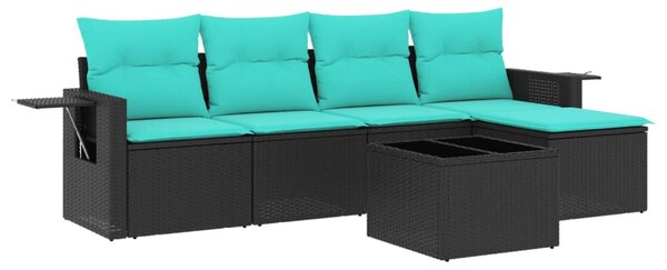 6 db fekete polyrattan kerti kanapégarnitúra párnákkal