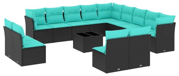14 db fekete polyrattan kerti kanapégarnitúra párnákkal