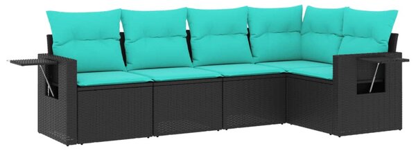 5 db fekete polyrattan kerti kanapégarnitúra párnákkal