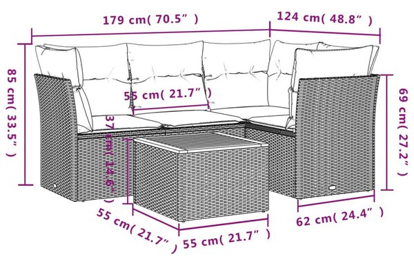 VidaXL 5 részes fekete polyrattan kerti kanapészett párnákkal