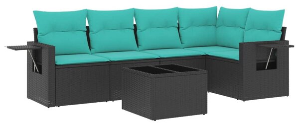 6 db fekete polyrattan kerti kanapégarnitúra párnákkal
