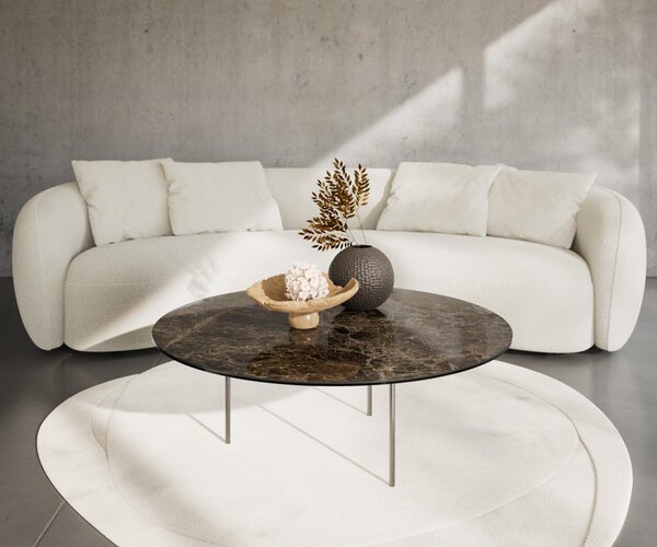 DELIFE Dohányzóasztal Edge kerek 100x100 cm Laminam® Emperador extra polírozott sötétbarna Trive rozsdamentes acél szálcsiszolt