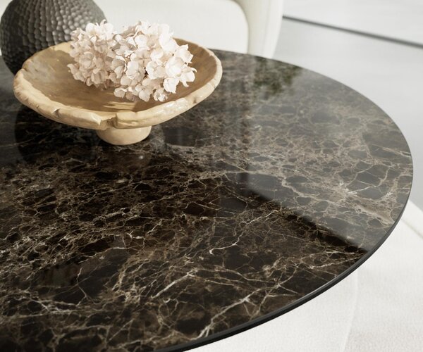 DELIFE Dohányzóasztal Edge kerek 100x100 cm Laminam® Emperador extra polírozott sötétbarna Trive rozsdamentes acél szálcsiszolt