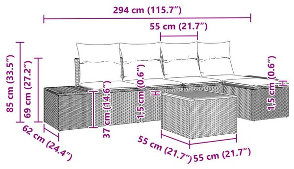 6 darabos Kerti Kanapé Szett párnákkal Szürke Poli Rattan Akácia