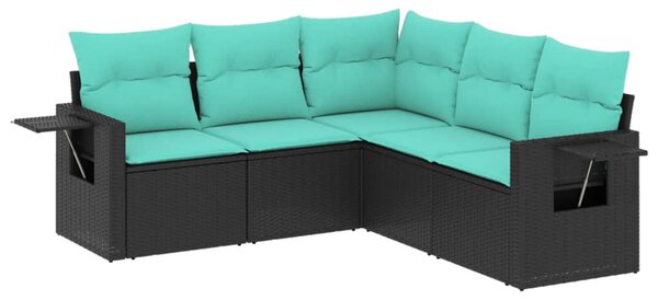 5 db fekete polyrattan kerti kanapégarnitúra párnákkal
