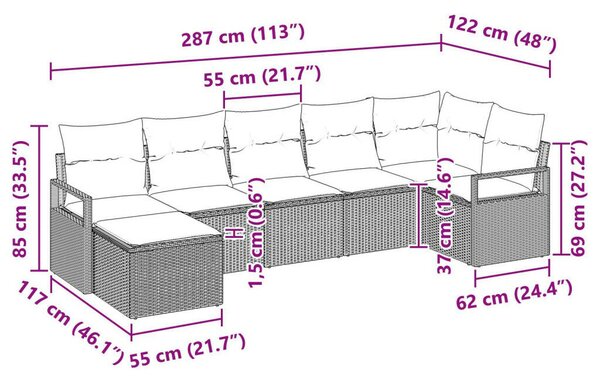 7 darabos kerti kanapé szett párnákkal fekete poly rattan, 2 személyes kerti kanapé párnákkal fekete poly rattan