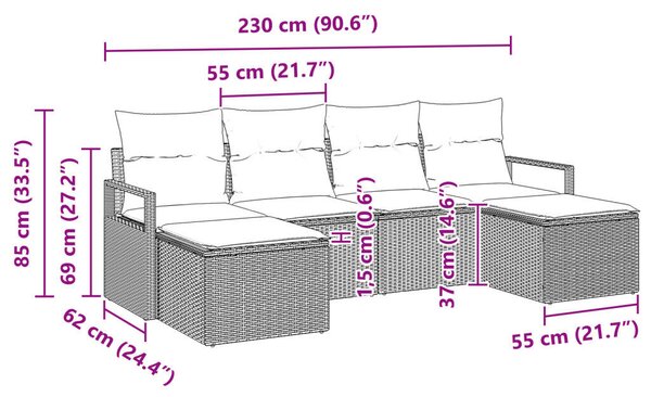 6 Darabos Kerti Kanapé Készlet Párnákkal Szürke Poli Rattan