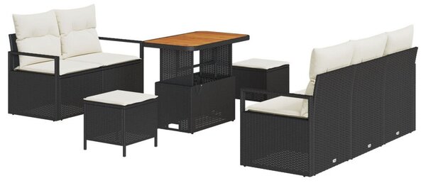 8 Fős Kerti Kanapé Szett Járó Párnák Fekete Poli Rattan Akácia, 2 Személyes Kerti Kanapé Járó Párnákkal Fekete Poli Rattan, 3 Részes Kerti Étkező Szett Járó Párnákkal Fekete Poli Rattan Akácia