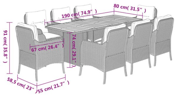 VidaXL Polyrattan Kerti Étkezőgarnitúra - 9 részes - Szürke