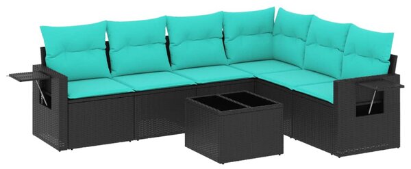 7 db fekete polyrattan kerti kanapégarnitúra párnákkal