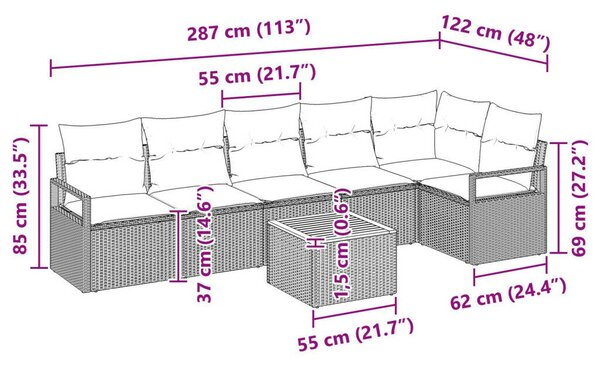 7 darabos kertibútor szett párnákkal szürke poli rattan akáccal, 2 személyes kertibútor párnákkal szürke poli rattan