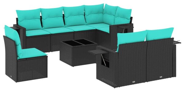 9 db fekete polyrattan kerti kanapégarnitúra párnákkal