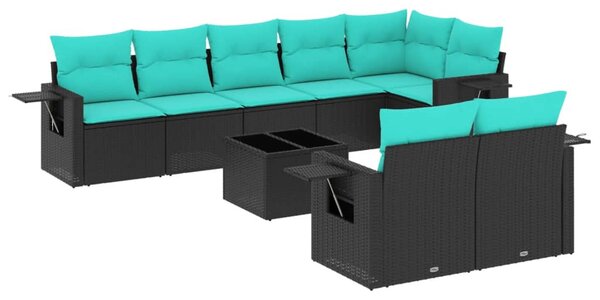9 db fekete polyrattan kerti kanapégarnitúra párnákkal
