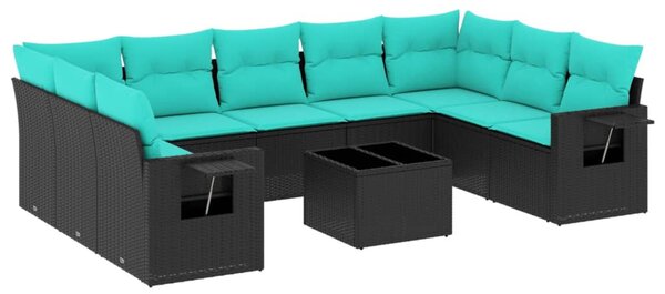 10 db fekete polyrattan kerti kanapégarnitúra párnákkal