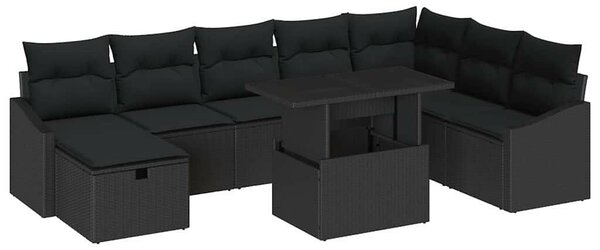 Kerti Kanapé Szett 9 pcs Fekete polirattan