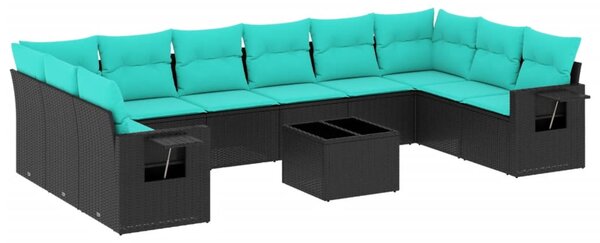 11 db fekete polyrattan kerti kanapégarnitúra párnákkal