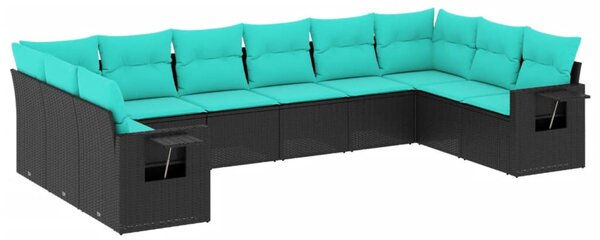 10 db fekete polyrattan kerti kanapégarnitúra párnákkal